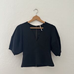 Free People Black V Neck Peplum Top Puff Sleeve Zip Back XS